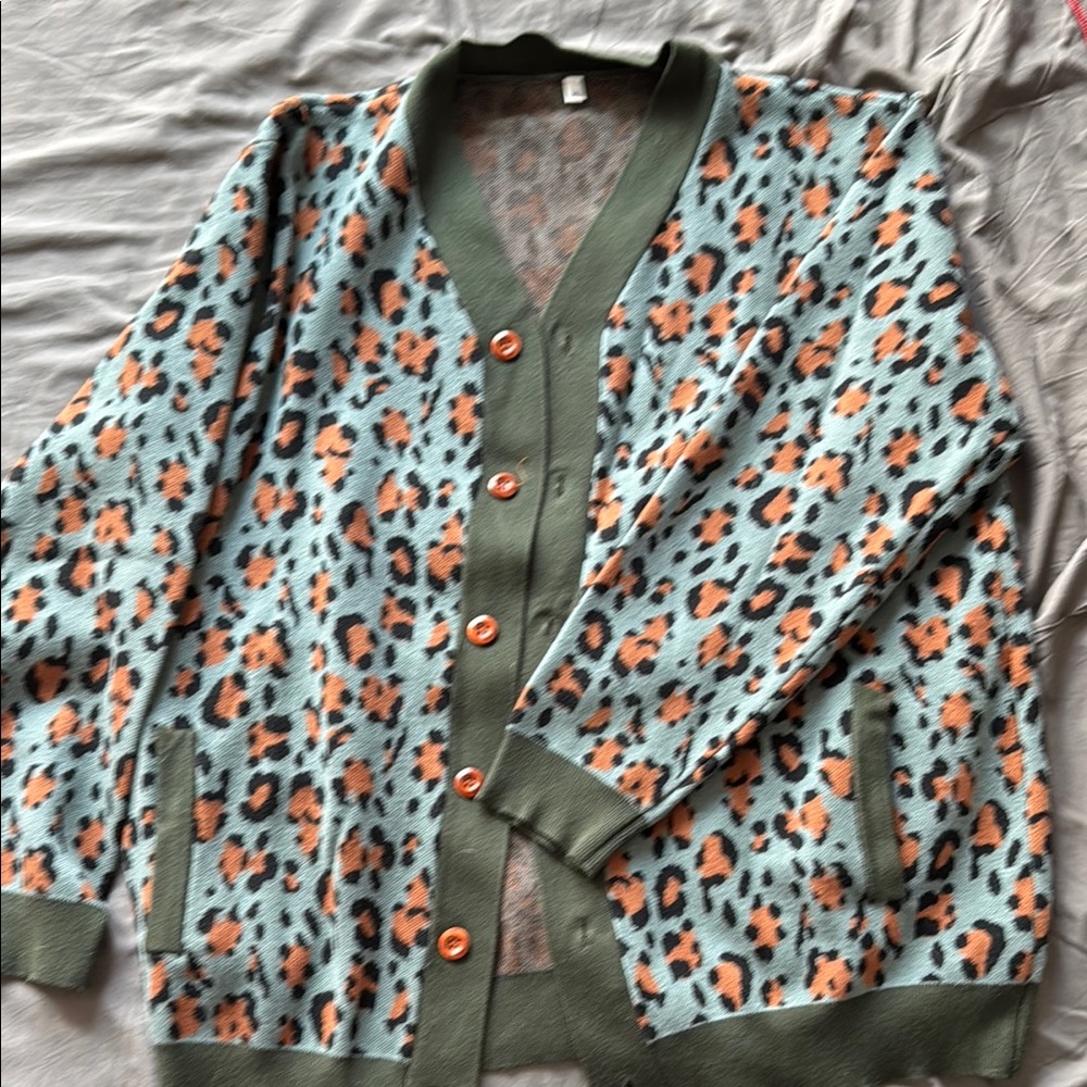 Men's Leopard Print Cardigan with Green Trim